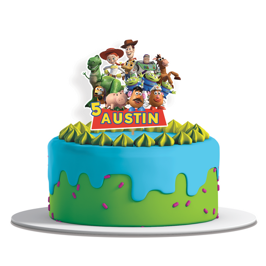 Toy Story personalized kids birthday party cake topper: A cake topper with a Toy Story graphic and personalized text.