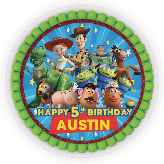 Toy Story personalized kids birthday cake decoration edible cake image 16.5cm diameter: An edible cake image with a Toy Story graphic and personalized text, measuring approximately 6.5 inches in diameter.