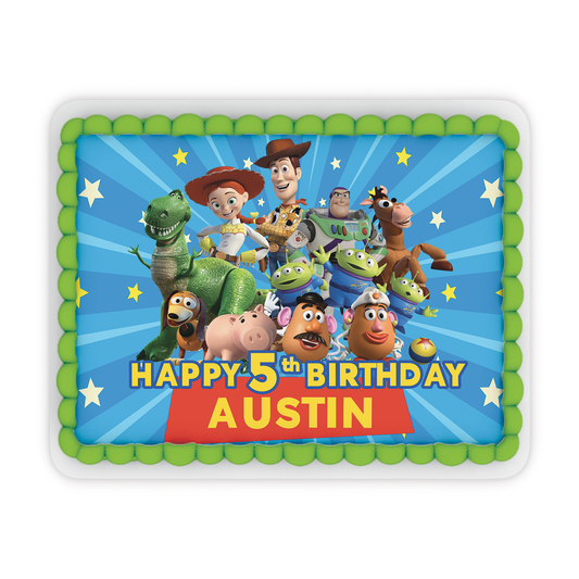 Toy Story personalized kids birthday cake decoration edible cake image A4: An edible cake image with a Toy Story graphic and personalized text, measuring approximately 8.27 x 11.69 inches.