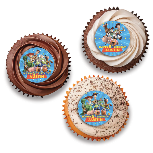 Toy Story personalized kids birthday party cupcake topper 3cm: A set of cupcake toppers with Toy Story graphics and personalized text, measuring approximately 1.18 inches in diameter.