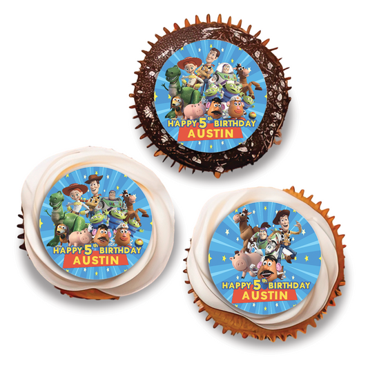 Toy Story personalized kids birthday party cupcake topper 5cm: A set of cupcake toppers with Toy Story graphics and personalized text, measuring approximately 1.97 inches in diameter.
