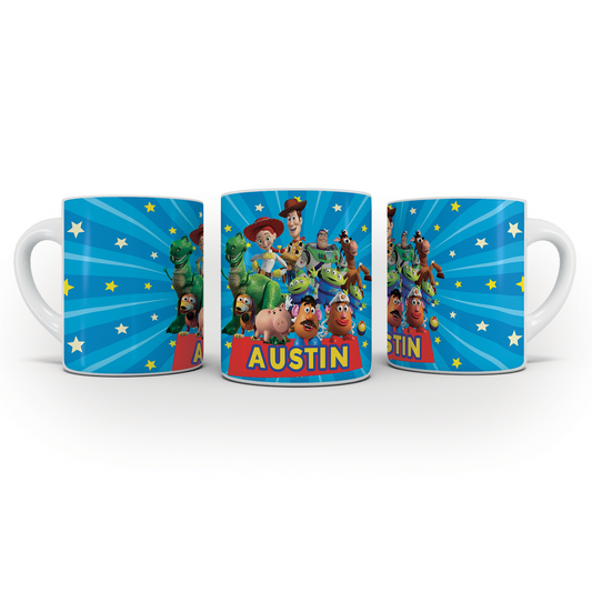 Toy Story personalized mug gift for kids: A white mug with a Toy Story graphic and personalized text.