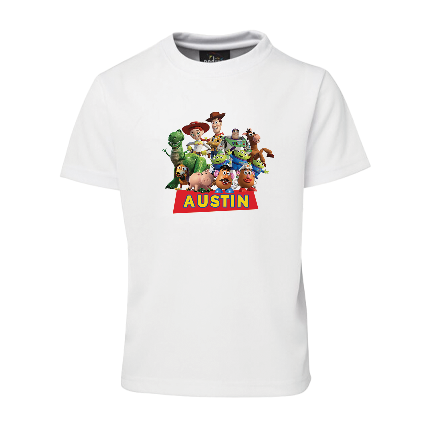 Toy Story theme personalized T-shirt kids party: A white T-shirt with a Toy Story graphic and personalized text.