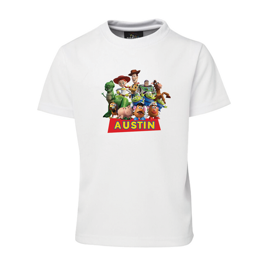 Toy Story theme personalized T-shirt kids party: A white T-shirt with a Toy Story graphic and personalized text.