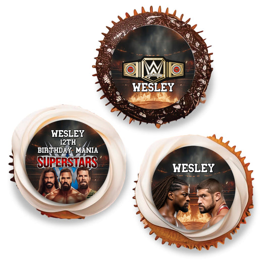 WWE themed personalized cupcakes toppers