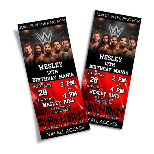 WWE themed personalized birthday ticket invitations
