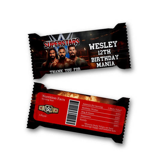WWE themed Rice Krispies treats and candy bar label