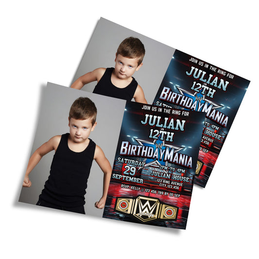 WWE themed personalized photo card invitations